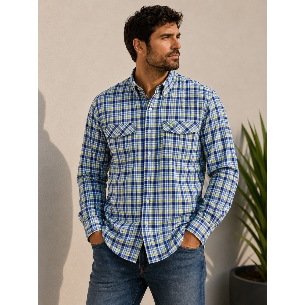 Mojo Sportswear Mens XL Fishing Shirt Blue Green Plaid Long Sleeve Mesh Vent L